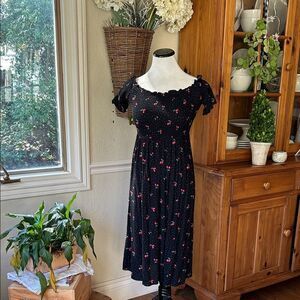 Lulu's Black Poka Dot Midi Dress with Red Cherry Accents Women’s Small